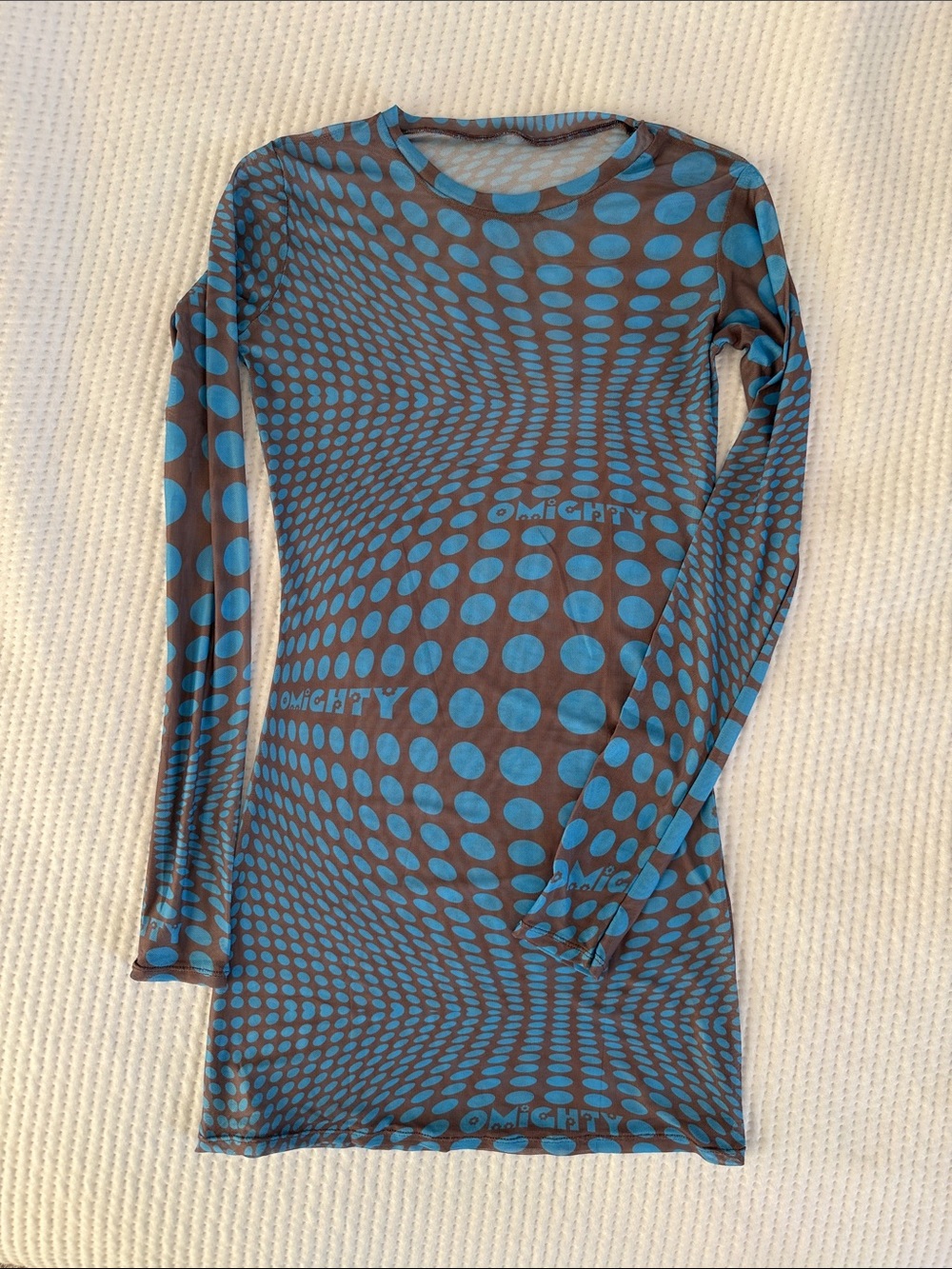 Omighty Optical Polka Dot Mesh Long Sleeve Mini Dress in Blue & Brown Small